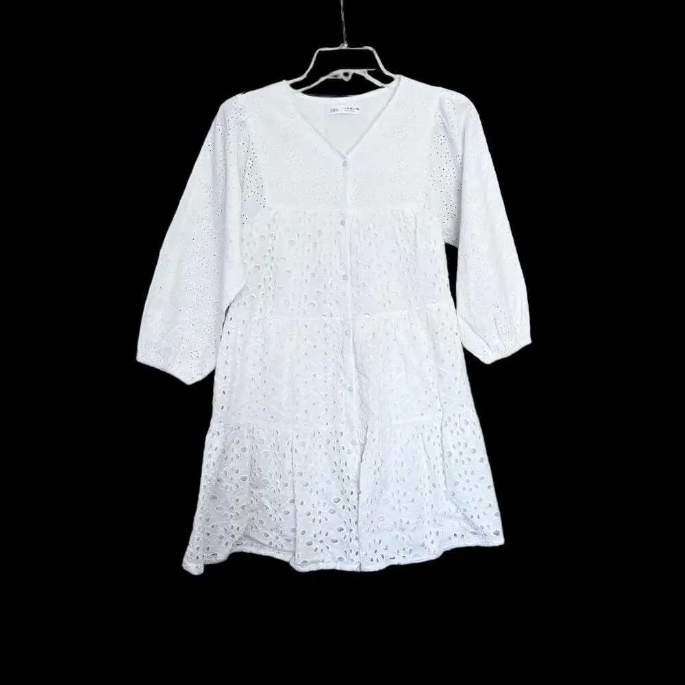 Zara Girls White Eyelet Embroidered Dress V Neck Long Sleeve Cottagecore 6